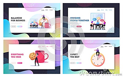 Friends Characters Meet Up in Cafe or Bar Landing Page Template Set. People on Coffee Break in Modern Restaurant Chat Vector Illustration