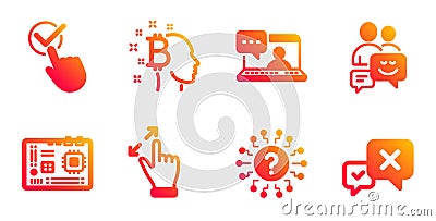 Friends chat, Touchscreen gesture and Motherboard icons set. Bitcoin think, Question mark and Checkbox signs. Vector Vector Illustration
