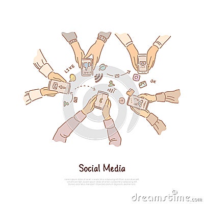 Friends chatting, online interactions, hands holding smartphones, internet communication network banner Vector Illustration