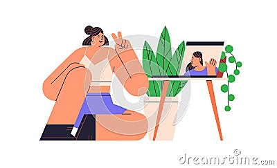 Friends chatting at online video call. Happy woman greeting girlfriend on laptop screen. People communicate through Vector Illustration