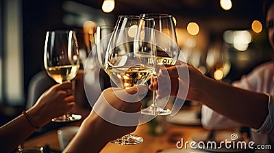 Friends clinking glasses at Christmas day in restaurant.Happy young couple enjoying nice romantic dinner. Stock Photo