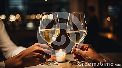Friends clinking glasses at Christmas day in restaurant.Happy young couple enjoying nice romantic dinner. Stock Photo