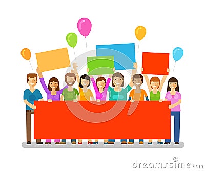 Friends with a congratulatory banner in hands. Holiday. Happy birthday. Vector Illustration