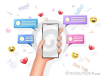 Friends conversation, phone emoji messages. Hand hold smartphone with white blank screen, speech bubbles and 3d emoji Vector Illustration