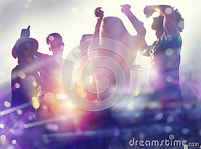 Friends dancing at the discotheque. Double exposure Stock Photo