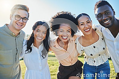 Friends, diversity and bonding hug in park, nature environment or sustainability garden for profile picture, travel fun Stock Photo