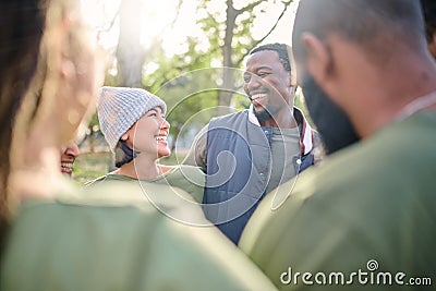 Friends, diversity and happy volunteer group outdoor at a nature park in summer. Men and women people together for Stock Photo