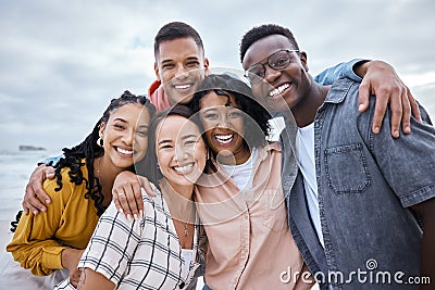 Friends, diversity and portrait at beach, ocean and outdoor nature for fun, happiness and travel. Group of happy young Stock Photo