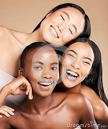 Friends, diversity and skincare, women smile together in happy portrait on studio background. Health, wellness and Stock Photo