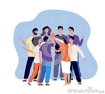 Friends doing high five. Big people team doing high five together, happy friend group, informal greeting, command Vector Illustration