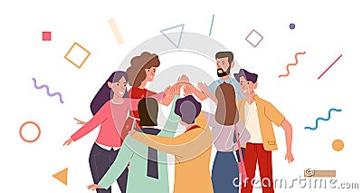 Friends doing high five. Cheerful friends and colleagues give informal greeting. Team people expression joy high five Vector Illustration