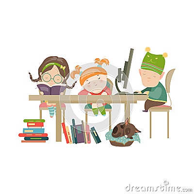 Friends doing homework Vector Illustration