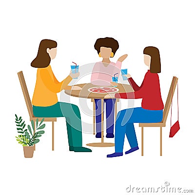 Friends drinking coffee and chatting. Women sit in a cafe and have fun Cartoon Illustration