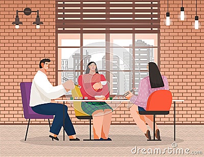 Friends Eat in Japanese Restaurant, Cafe Interior Vector Illustration