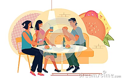 Friends eating in fast food restaurant or burger cafe. American cuisine cafeteria. Vector Illustration