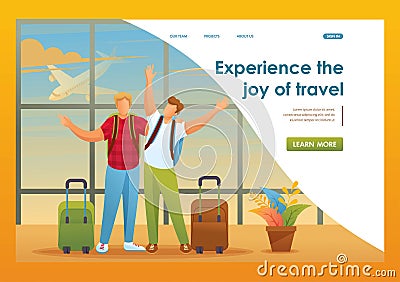 Friends enjoy the opportunity to travel, men at the airport. Flat 2D character. Landing page concepts and web design Vector Illustration