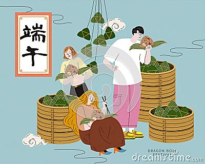Friends enjoying delicious zongzi Vector Illustration