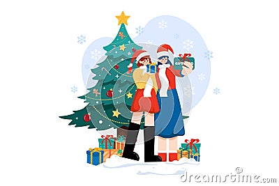 Friends exchanging Christmas presents Illustration concept on white background Vector Illustration