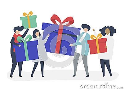 Friends exchanging gift boxes with one another Vector Illustration