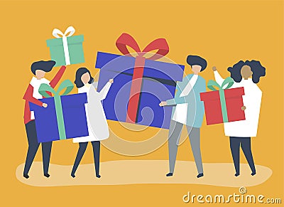Friends exchanging gift boxes with one another Vector Illustration