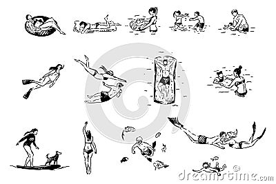 Friends and families with children, summertime recreation, swimming, diving, surfing, people at sea resort set Vector Illustration
