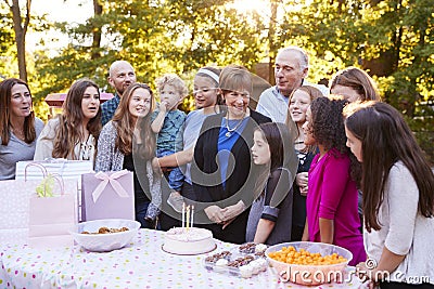 Friends and family gathered in a garden for a birthday party Stock Photo