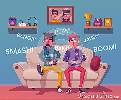 Friends is gaming. Gamers playing video game. Cartoon vector illustration Vector Illustration