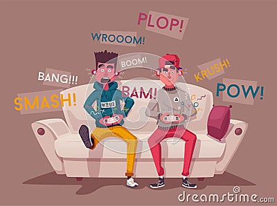 Friends is gaming. Gamers playing video game. Cartoon vector illustration Vector Illustration