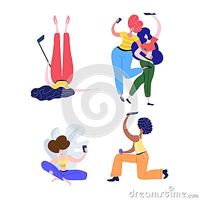 Friends, man and girls pose and taking selfie for social media holding camera in hand. Photo party vector illustration Vector Illustration