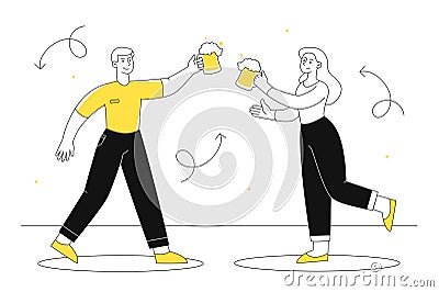 Friends with glass of beers line vector concept Cartoon Illustration