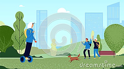 Friends greeting. Group teens meet in park, guys greet gesture. Happy friendship, youth walking with dog. Informal Vector Illustration