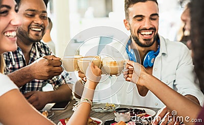 Friends group drinking latte at coffee bar restaurant - People t Stock Photo