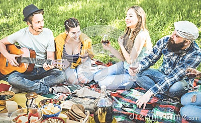 Friends group having fun outdoor cheering at bbq picnic barbecue Stock Photo