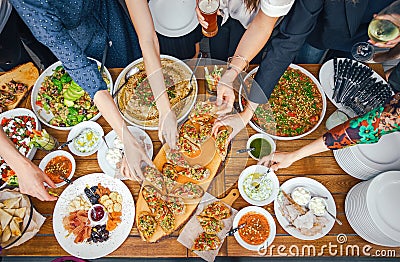 Friends Happiness Enjoying Dinning Eating Concept. Food Buffet. Catering Dining. Eating Party. Sharing Concept Stock Photo