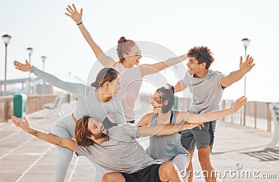 Friends, happy and excited hands outdoors while on exercise break together in gym clothes. Young social circle have Stock Photo