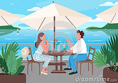 Friends having breakfast in seaside resort cafe flat color vector illustration Vector Illustration