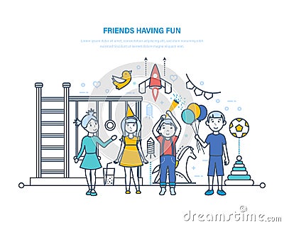 Friends having fun. Kids playground. Little children, friends, have fun. Vector Illustration