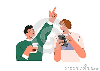 Friends holding mobile phones, talking, discussing and sharing ideas for social media. Happy excited young characters Vector Illustration