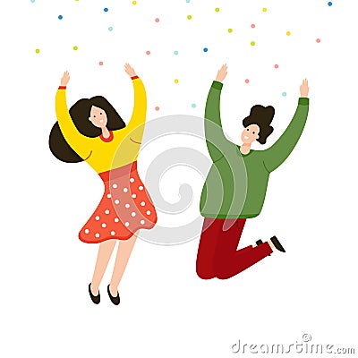 Friends jumping joy together. Feelings of lightness, happiness, freedom, carefree, joy, love, friendship. Cartoon Vector Illustration