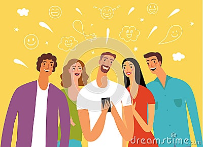 Friends looking video and laughing. Vector Illustration