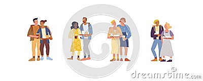 Friends, lovers, lesbians, romantic couples standing together, keeping food trays. Coffee break. Vector Illustration
