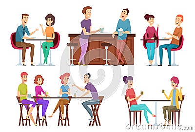 Friends meeting cafe. Restaurant dinner happy people group eating and joking talking and smiling friends vector Vector Illustration