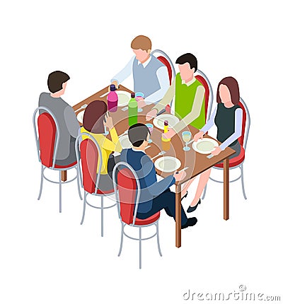 Friends meeting. Family festive dinner, isometric people eating together. Woman man drinking and communicate vector Vector Illustration