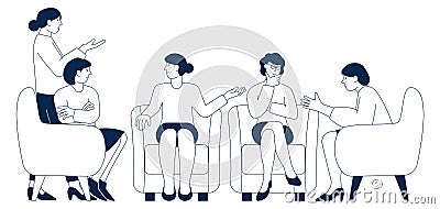 Friends meeting. People sit on armchairs. Women talk Vector Illustration