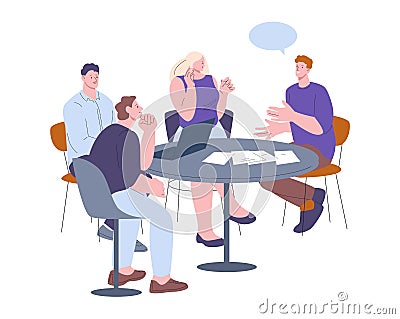 Friends meeting at round desk. Managers conference, morning office time management. People group listen professional man Vector Illustration