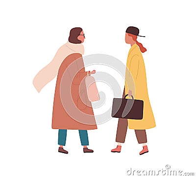 Friends meeting. Trendy women in stylish outwear talking together outdoors. Female characters in trendy clothes standing Vector Illustration