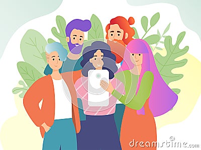 Friends meting and make selfie. Banner with character of men and women. Vector Illustration