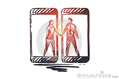 Friends, mobile, network, connection, gadget concept. Hand drawn isolated vector. Vector Illustration