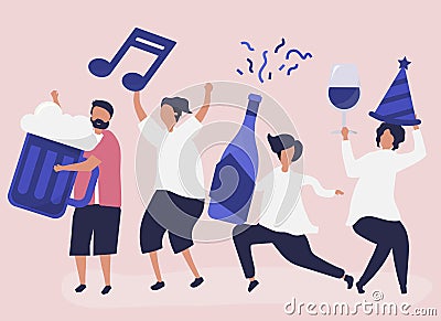 Friends partying and drinking different beverages Vector Illustration