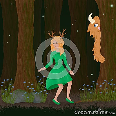 Friends play hide and seek in the woods. Stock Photo